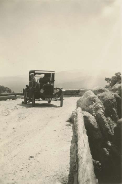 Travel, SD, history of Iowa, Motorized Vehicles, Mortenson, Jill, Iowa, car, man, Iowa History, gravel road