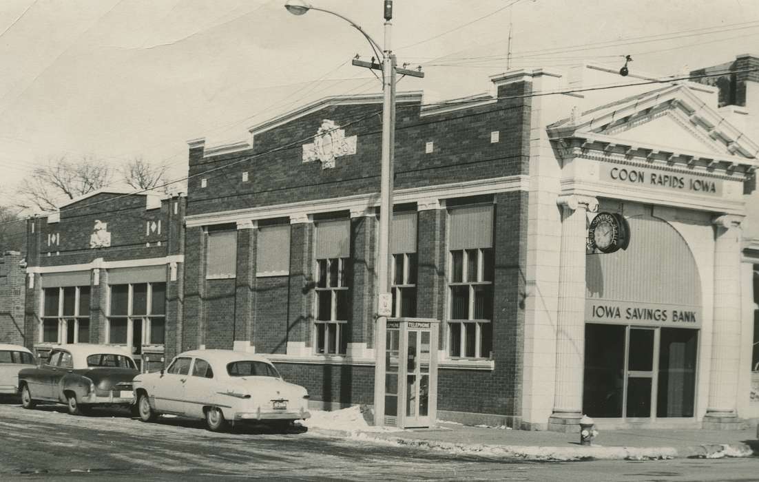 Businesses and Factories, bank, Iowa History, Iowa, Motorized Vehicles, Main Streets & Town Squares, phone booth, Nixon, Charles, Coon Rapids, IA, history of Iowa