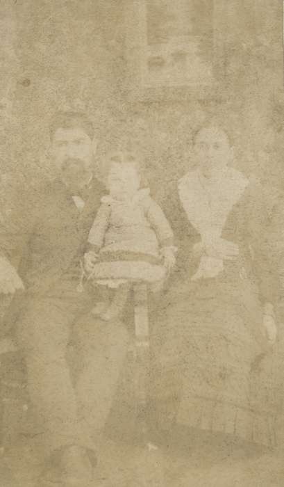 Portraits - Group, sack coat, carte de visite, petticoat, Iowa, woman, Families, Olsson, Ann and Jons, toddler, Reinbeck, IA, painted backdrop, lace collar, girl, history of Iowa, Iowa History, man