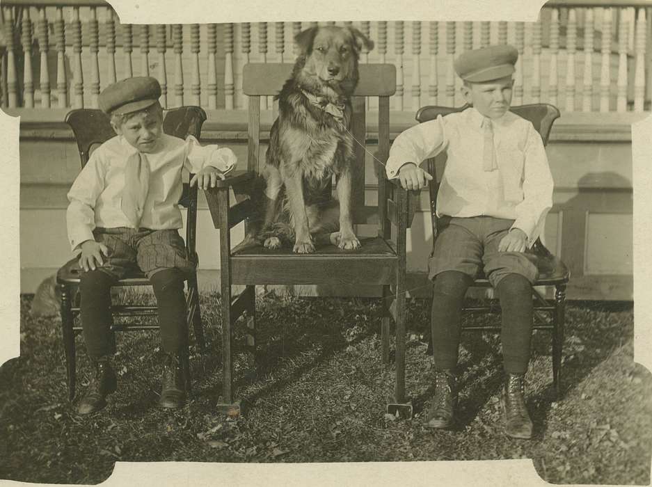 Portraits - Group, Animals, brother, Iowa History, Iowa, dog, cap, Owen, Jeff, Monticello, IA, Children, chair, history of Iowa