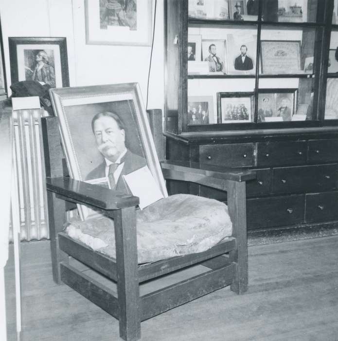 Waverly Public Library, history of Iowa, Iowa History, Businesses and Factories, museum, Waverly, IA, chair, portrait, Iowa, portrait individual, cabinet