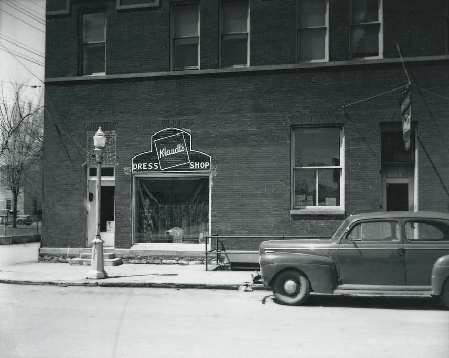 history of Iowa, Iowa History, storefront, lamp post, Businesses and Factories, clothing store, car, Iowa, correct date needed, street, Waverly Public Library
