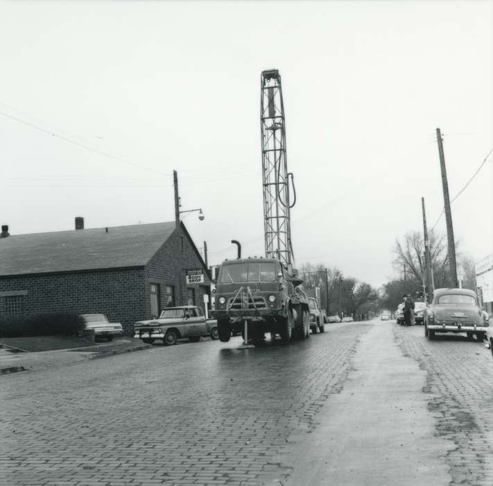 Cities and Towns, drilling, Motorized Vehicles, brick street, Iowa History, Waverly Public Library, truck, Iowa, history of Iowa, car
