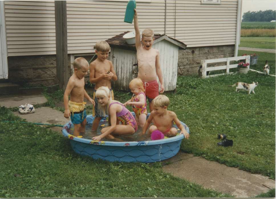 cat, swimming, Meyer, Susie, history of Iowa, Iowa History, summer, Animals, Sumner, IA, Iowa, bathing suit, Farms, kiddie pool, swimsuit, Children, Leisure, pool