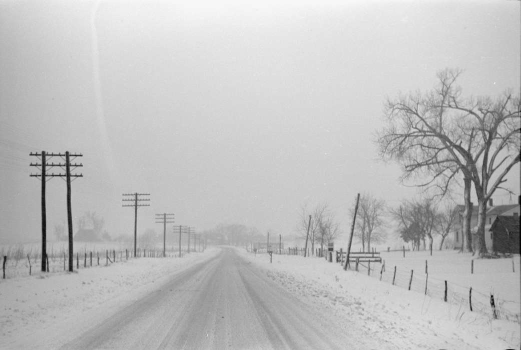 history of Iowa, Iowa History, Library of Congress, Winter, road, Iowa, fence, power line, snow, tree
