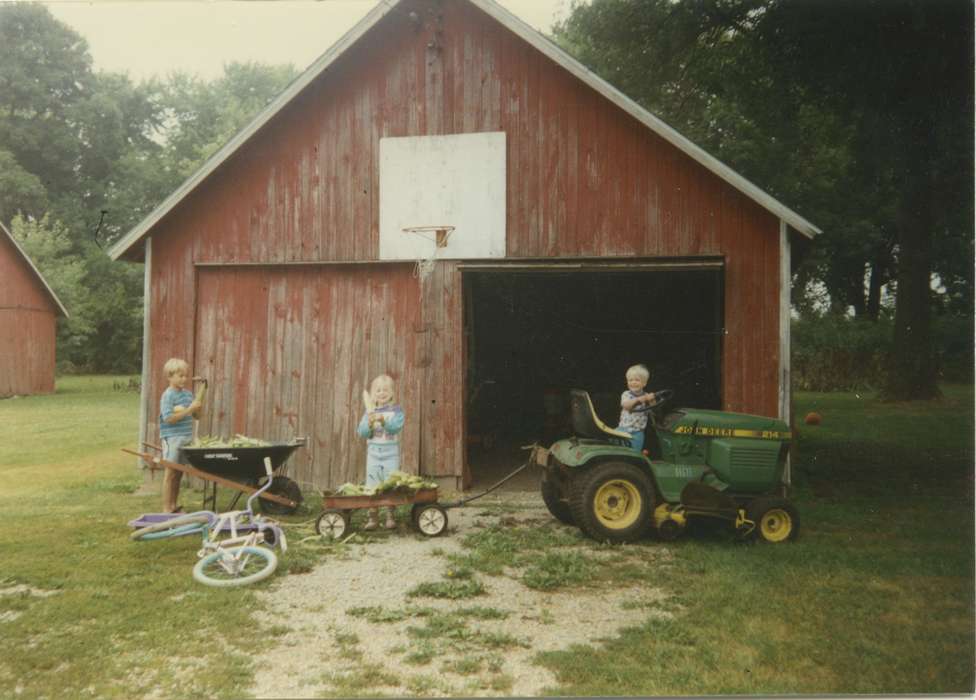 Portraits - Group, Meyer, Susie, Iowa, wheelbarrow, bike, Sumner, IA, john deere, Families, Children, Barns, lawn mower, corn, history of Iowa, Motorized Vehicles, Iowa History