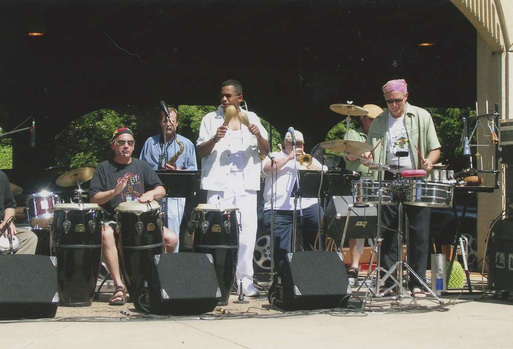 Portraits - Group, Iowa, Waterloo, IA, Iowa History, african american, People of Color, Entertainment, instrument, drum, microphone, band, East, Ed, history of Iowa, stage