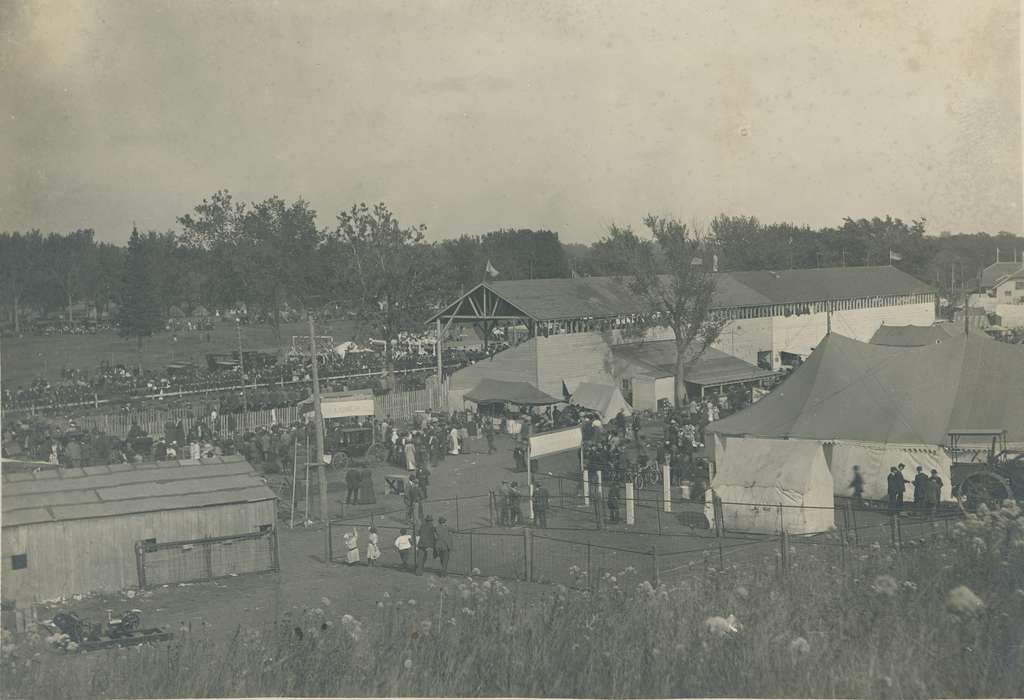 Fairs and Festivals, horse, fences, horse and buggy, ladder, county fair, Aerial Shots, fence, bicycle, history of Iowa, Iowa History, Waverly Public Library, Iowa, cars, tractor, tents, wooden fence, Waverly, IA, buildings