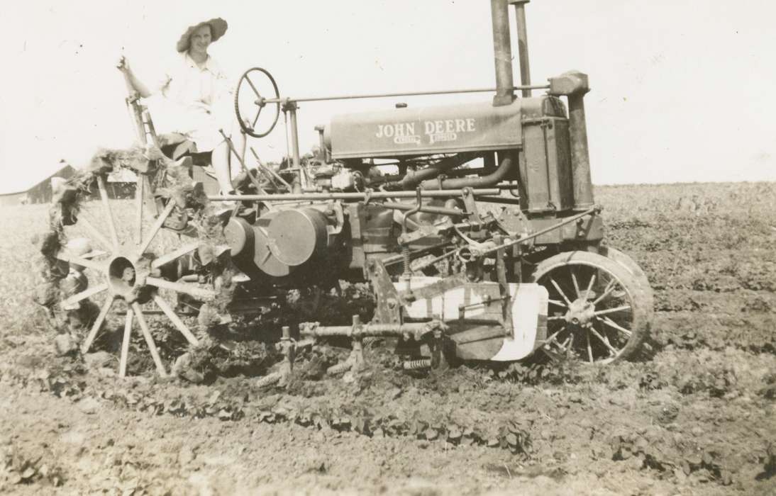Farming Equipment, history of Iowa, Iowa History, Rear, Audrey, john deere, field, Calmar, IA, tractor, plow, Iowa, Farms, Portraits - Individual