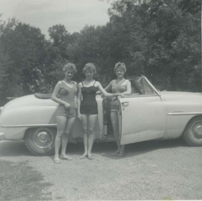 swimsuits, Zegers, Linda, swimsuit, history of Iowa, Pella, IA, Motorized Vehicles, Iowa, Portraits - Group, car, Iowa History, Leisure