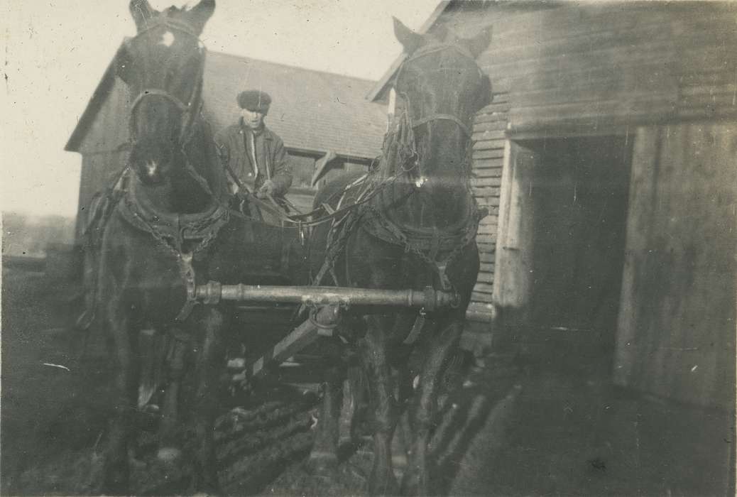 horse and cart, IA, Iowa, Animals, horse, hat, farmer, Barns, Farming Equipment, Neessen, Ben, history of Iowa, Iowa History, wagon