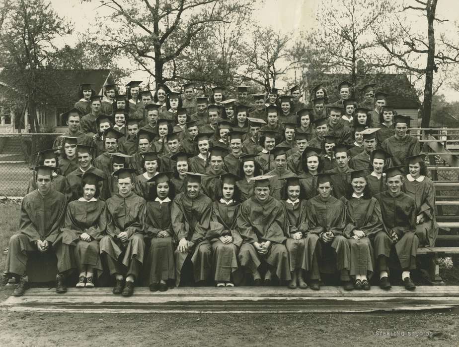 Portraits - Group, neighborhood, graduation, Iowa History, Iowa, Schools and Education, USA, Wilson, Dorothy, cap and gown, bleachers, graduate, history of Iowa