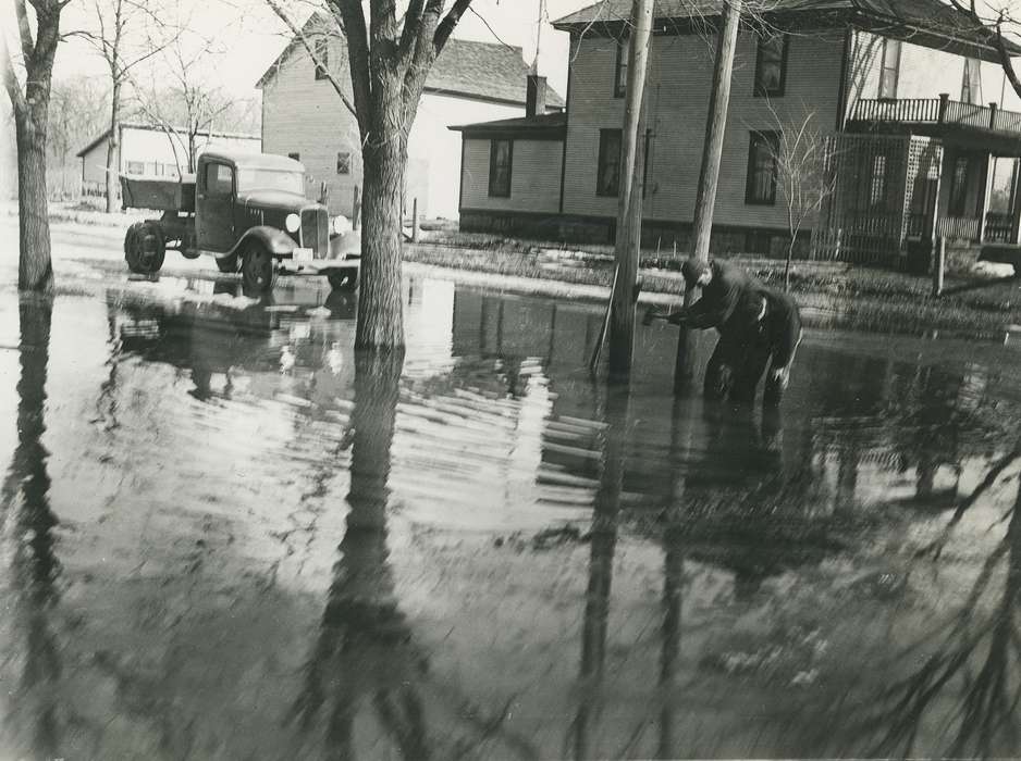Floods, history of Iowa, Iowa History, Motorized Vehicles, truck, barren tree, Waverly, IA, winter, Iowa, Cities and Towns, Homes, correct date needed, street flooded, Waverly Public Library, Labor and Occupations