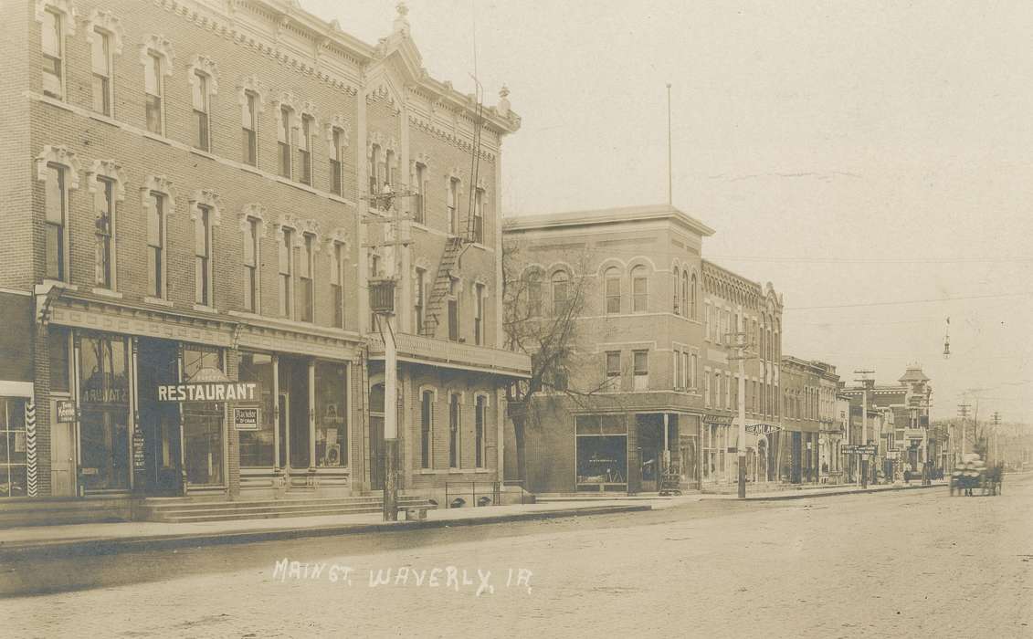 pole, Businesses and Factories, Animals, building, sign, Cities and Towns, horse, Waverly Public Library, Main Streets & Town Squares, history of Iowa, Iowa History, window, brick building, clock, Waverly, IA, horse and cart, postcard, Iowa, correct date needed, post card