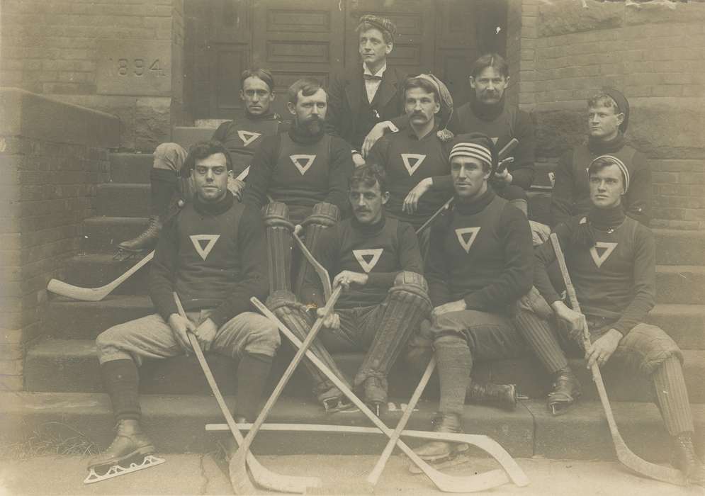 Portraits - Group, Cedar Falls, IA, history of Iowa, University of Northern Iowa Museum, Iowa History, uni, iowa state normal school, hockey stick, hockey, Iowa, Schools and Education, Sports, university of northern iowa