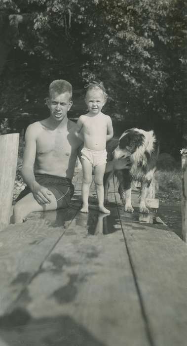 Portraits - Group, Animals, Iowa History, Lakes, Rivers, and Streams, dock, Clear Lake, IA, Iowa, McMurray, Doug, dog, Children, history of Iowa