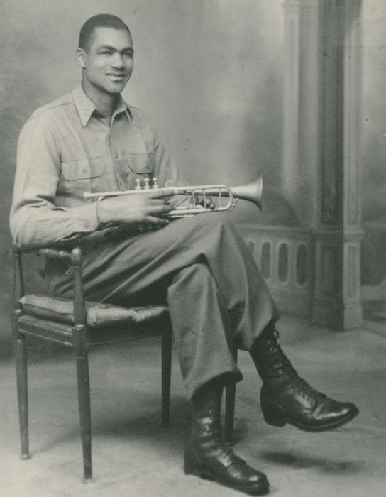 african american, Waterloo, IA, Iowa History, Henderson, Jesse, People of Color, history of Iowa, boot, trumpet, musician, Portraits - Individual, Iowa