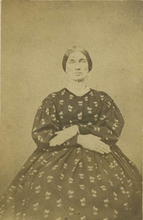 carte de visite, Iowa, pattern dress, woman, hoop skirt, Des Moines, IA, Portraits - Individual, dress, Olsson, Ann and Jons, collared dresses, history of Iowa, dropped shoulder seams, Iowa History