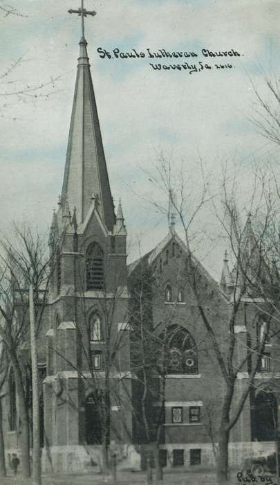 history of Iowa, Waverly Public Library, Religious Structures, Waverly, IA, postcard, Iowa, church, Iowa History, tree