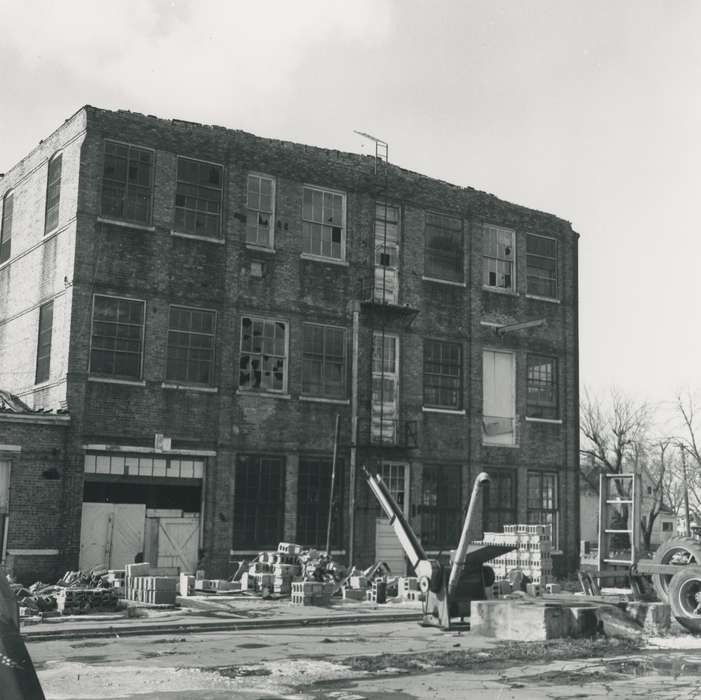 history of Iowa, Businesses and Factories, tire, Waverly, IA, Waverly Public Library, railroad track, Iowa, debris, brick building, Iowa History, demolition, canning, Wrecks