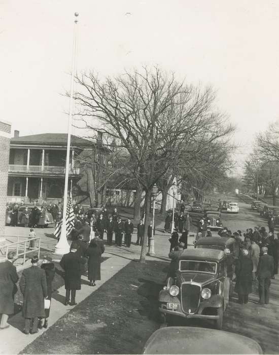 post office, history of Iowa, Iowa History, Motorized Vehicles, flagpole, Civic Engagement, car, american flag, Waverly, IA, brick home, Aerial Shots, Iowa, Cities and Towns, people, Waverly Public Library