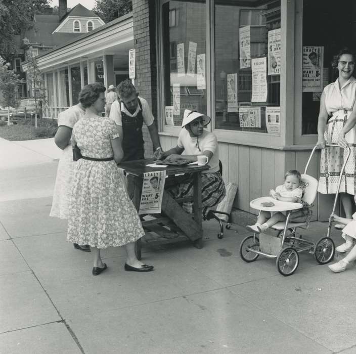 Iowa History, Bremer County, IA, building, Waverly Public Library, Children, Iowa, history of Iowa, Portraits - Group, stroller, advertisement