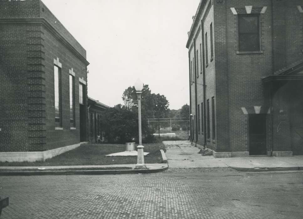 fire department, history of Iowa, brick road, Iowa History, Businesses and Factories, brick building, Waverly, IA, street light, Iowa, Waverly Public Library