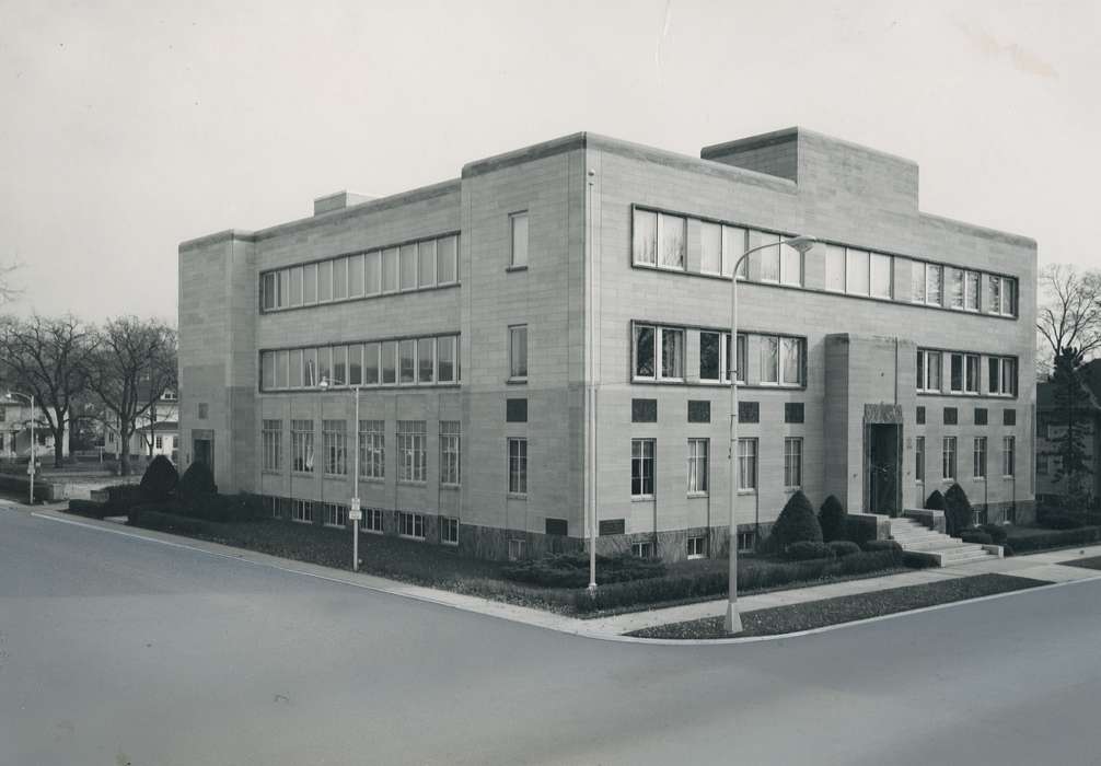 stone building, history of Iowa, Iowa History, street lamps, Businesses and Factories, Aerial Shots, street corner, Iowa, Cities and Towns, correct date needed, Waverly Public Library
