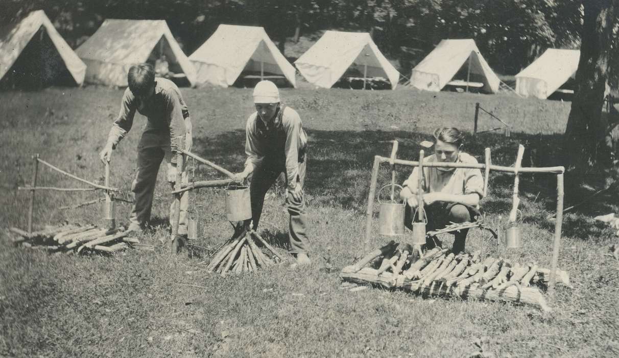 history of Iowa, Lehigh, IA, tents, McMurray, Doug, Iowa, camping, boy scouts, camp, Children, firewood, Iowa History, Outdoor Recreation, Portraits - Group, campfire