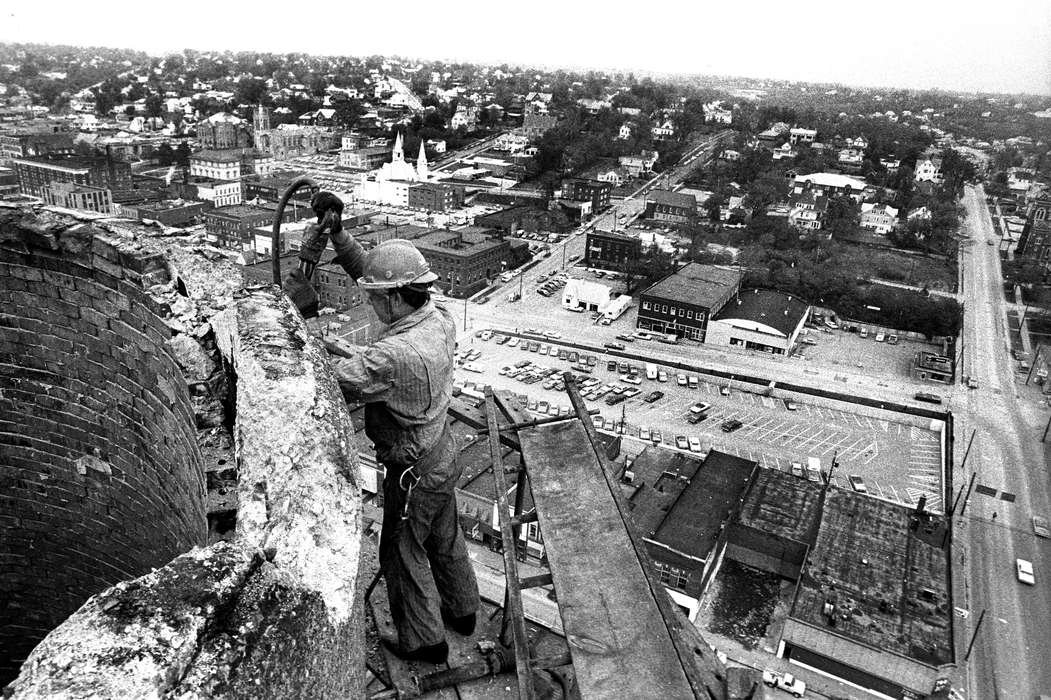destruction, history of Iowa, Iowa History, Ottumwa, IA, brick, Lemberger, LeAnn, parking lot, hard hat, Aerial Shots, smokestack, Iowa, Cities and Towns, Labor and Occupations