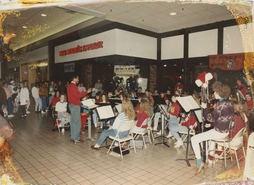 Iowa, Iowa City, IA, band, conductor, african american, crowd, People of Color, Entertainment, instrument, store, East, Ed, Businesses and Factories, mall, history of Iowa, Iowa History