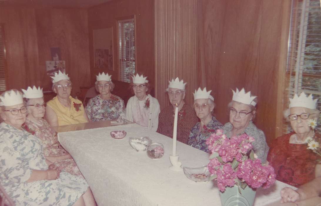 Portraits - Group, new year's eve, flowers, candle, Holidays, glasses, hats, Spilman, Jessie Cudworth, paper hats, fun, table, history of Iowa, Iowa History, old woman, candy, Iowa, floral, party, USA