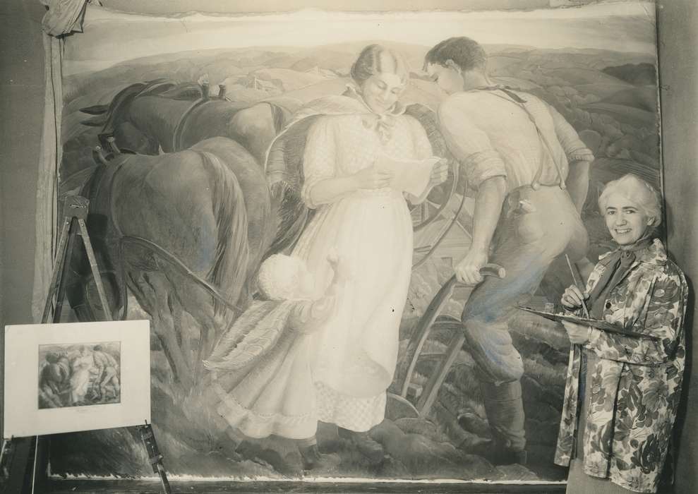 mural, Waverly, IA, artist, history of Iowa, pioneer, horses, Farms, post office, old woman, Iowa, smile, Waverly Public Library, Labor and Occupations, Iowa History, Farming Equipment