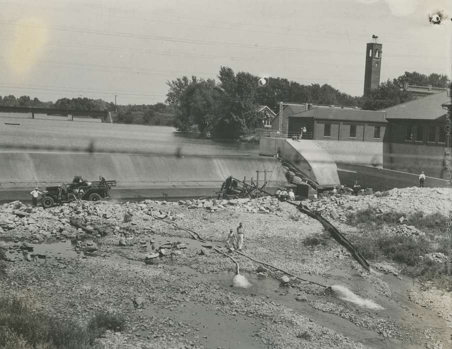 bridge, Iowa History, Cities and Towns, history of Iowa, Motorized Vehicles, brick building, Lakes, Rivers, and Streams, Waverly, IA, cedar river, train bridge, Iowa, Landscapes, Waverly Public Library, dam