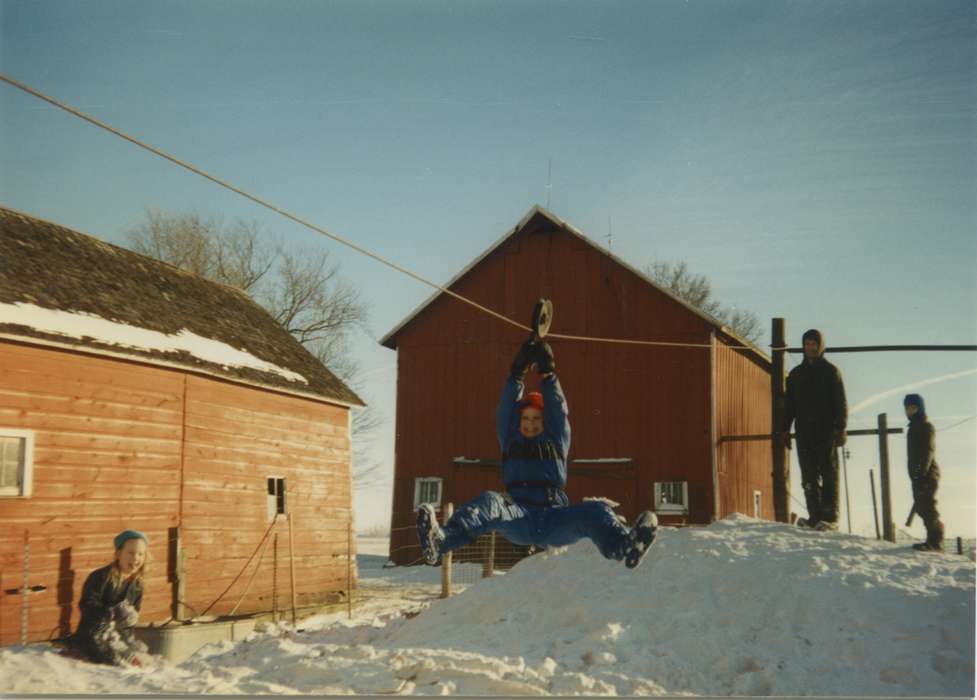 Meyer, Susie, history of Iowa, Iowa History, Winter, Barns, zipline, Sumner, IA, Iowa, Farms, snow, Children, Leisure, snowsuit