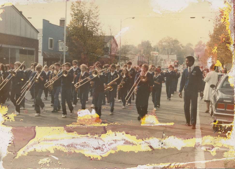 Iowa, Waterloo, IA, parade, african american, car, People of Color, Entertainment, instrument, store, Cities and Towns, Businesses and Factories, history of Iowa, East, Ed, marching band, Motorized Vehicles, Iowa History