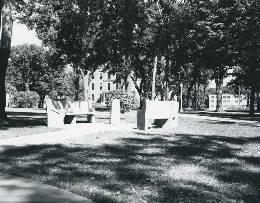 history of Iowa, Landscapes, Waverly Public Library, Iowa, trees, sundial, wartburg, Iowa History, bench, architecture