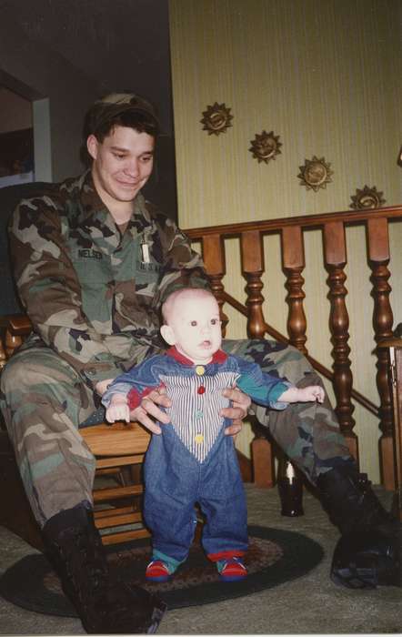 baby, camouflage, Homes, history of Iowa, army, Children, Iowa, Families, Council Bluffs, IA, Military and Veterans, Nichols, Roger, Iowa History, Portraits - Group