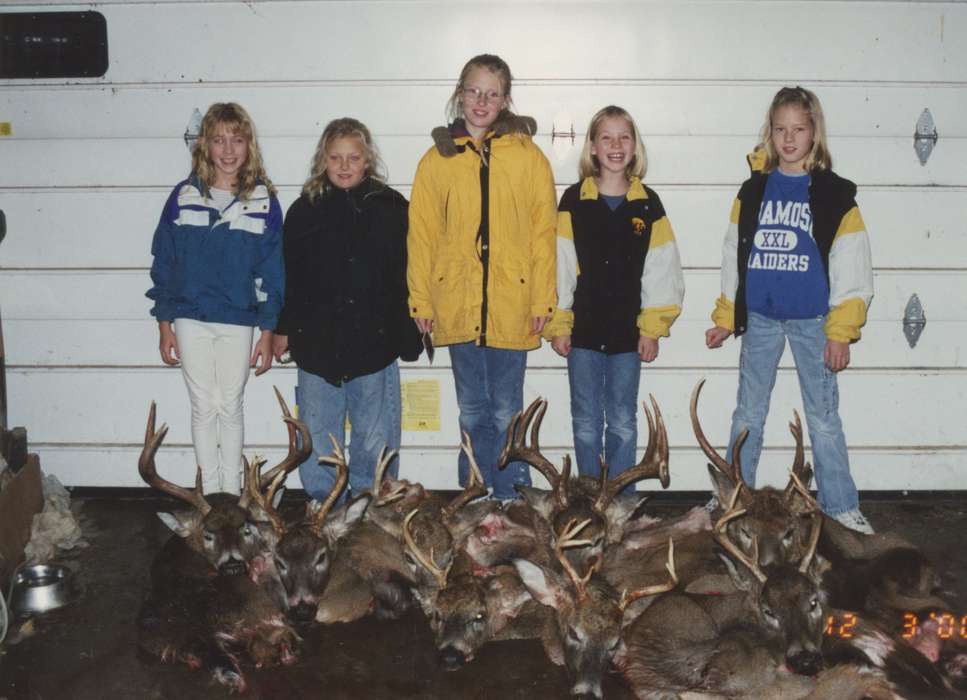 Outdoor Recreation, Portraits - Group, hawkeye fans, Travel, buck, Iowa, deer, Animals, Alexandria, MN, antlers, dead deer, sisters, Grassi, Connie, hunting, history of Iowa, garage, Iowa History