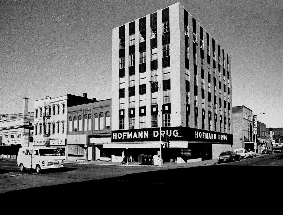 Businesses and Factories, car, Cities and Towns, Iowa History, Iowa, Motorized Vehicles, Lemberger, LeAnn, drugstore, Ottumwa, IA, Main Streets & Town Squares, van, history of Iowa, sign