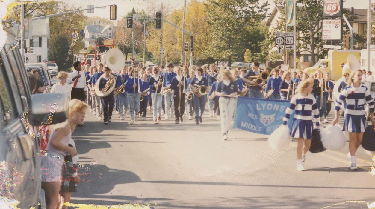 gas station, Iowa, cheerleader, parade, Waterloo, IA, african american, history of Iowa, People of Color, Entertainment, instrument, street light, Cities and Towns, band, East, Ed, marching band, Iowa History