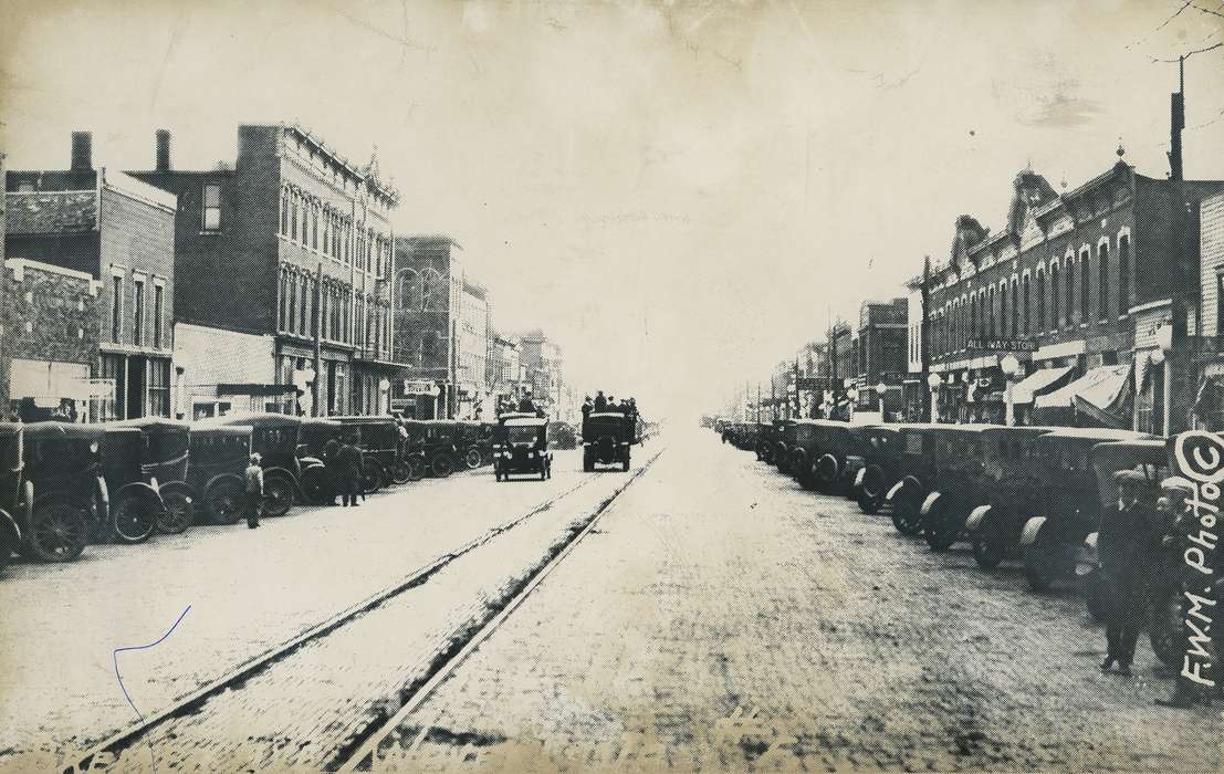 history of Iowa, Businesses and Factories, Waverly, IA, brick street, storefront, Main Streets & Town Squares, Iowa, Motorized Vehicles, Waverly Public Library, Iowa History, tracks, Cities and Towns