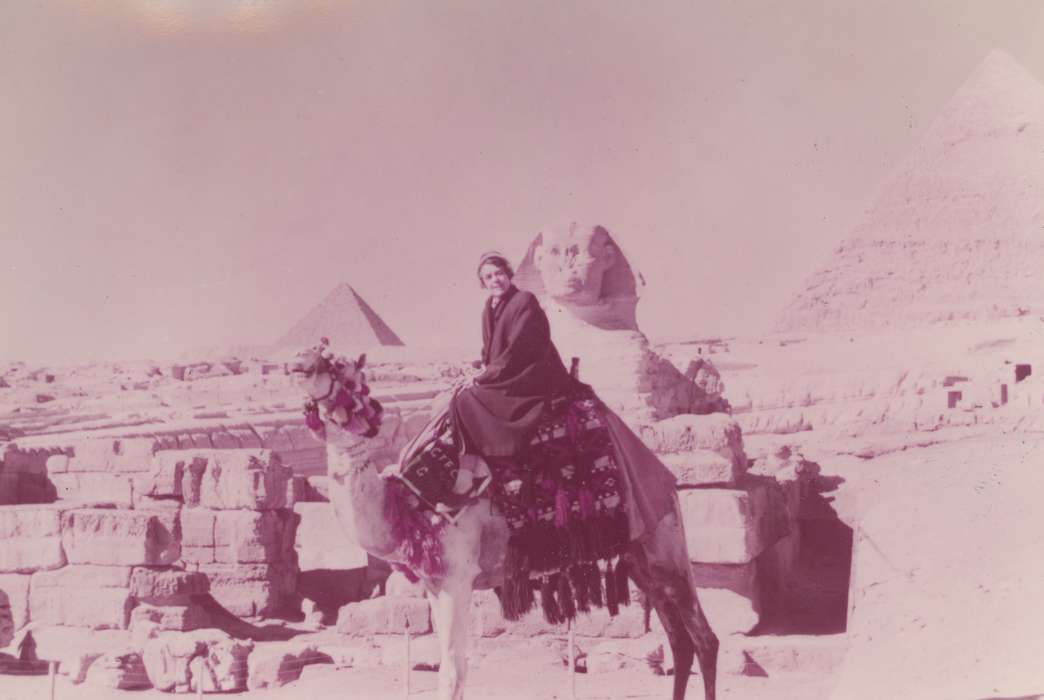 Travel, history of Iowa, Iowa History, camel, woman, Iowa, great pyramids, correct date needed, great sphinx, Waverly Public Library, Portraits - Individual