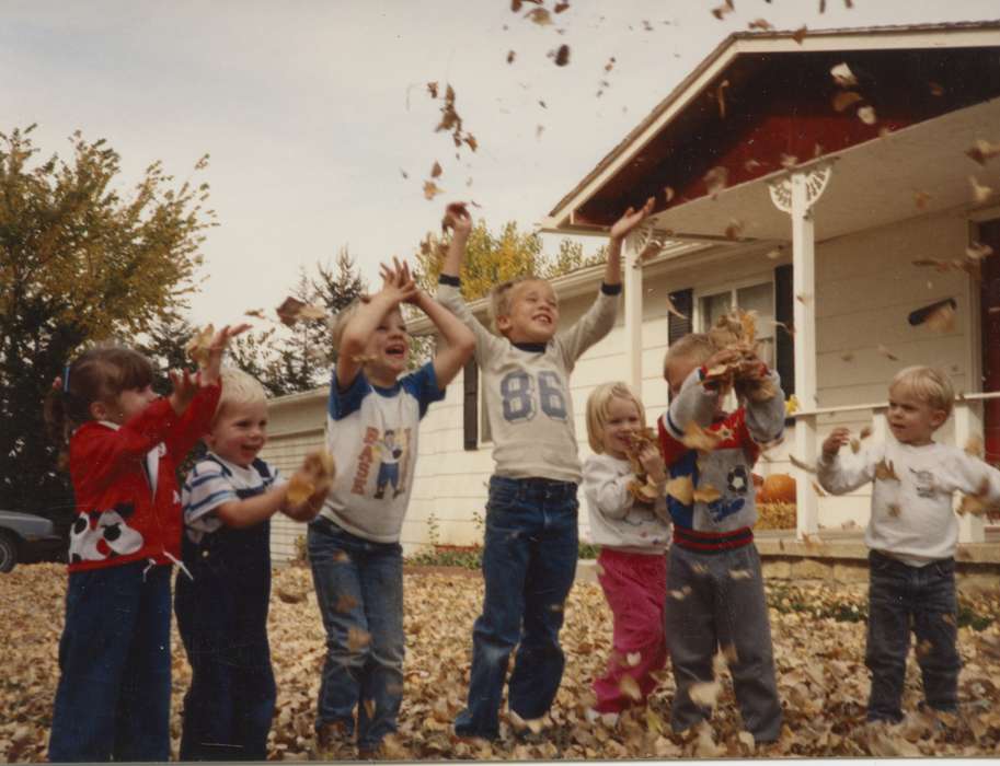 Portraits - Group, Neola, IA, history of Iowa, happy, Iowa History, leaf pile, leaves, outdoors, Ring, Jana, Iowa, throwing, fall, Children, Leisure