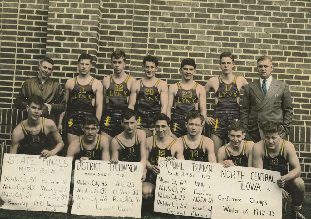 Portraits - Group, basketball, basketball uniform, uniform, Iowa, Webster City, IA, colorized, McMurray, Doug, team, Sports, history of Iowa, Iowa History