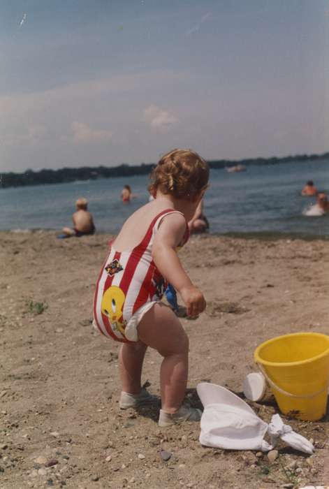 Outdoor Recreation, baby, Iowa, Lonneman, Stacey, Okoboji, IA, swimsuit, sand, Children, tweety, history of Iowa, beach, Iowa History