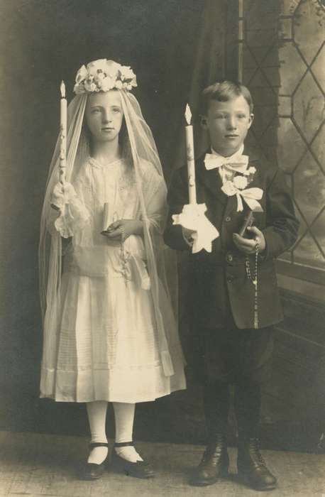 Portraits - Group, first communion, Iowa, Elbert, Jim, Religion, Children, Whittemore, IA, candle, history of Iowa, Iowa History