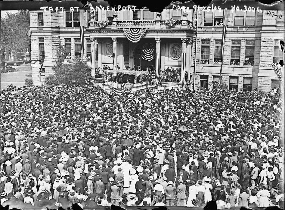 Civic Engagement, political, history of Iowa, campaign, Library of Congress, politics, william howard taft, american flag, Main Streets & Town Squares, crowd, Iowa, Cities and Towns, bunting, speech, Iowa History, president, rally