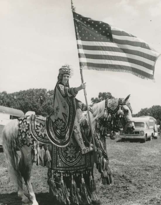 Stewart, Phyllis, Iowa, american flag, Animals, Iowa History, Fairs and Festivals, horse, Portraits - Individual, Fort Dodge, IA, history of Iowa, costume