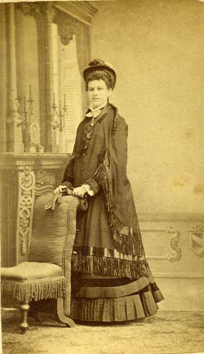 carte de visite, IA, Iowa, necklace, woman, hat, overcoat, Olsson, Ann and Jons, Portraits - Individual, dress, painted backdrop, lace collar, history of Iowa, gloves, Iowa History